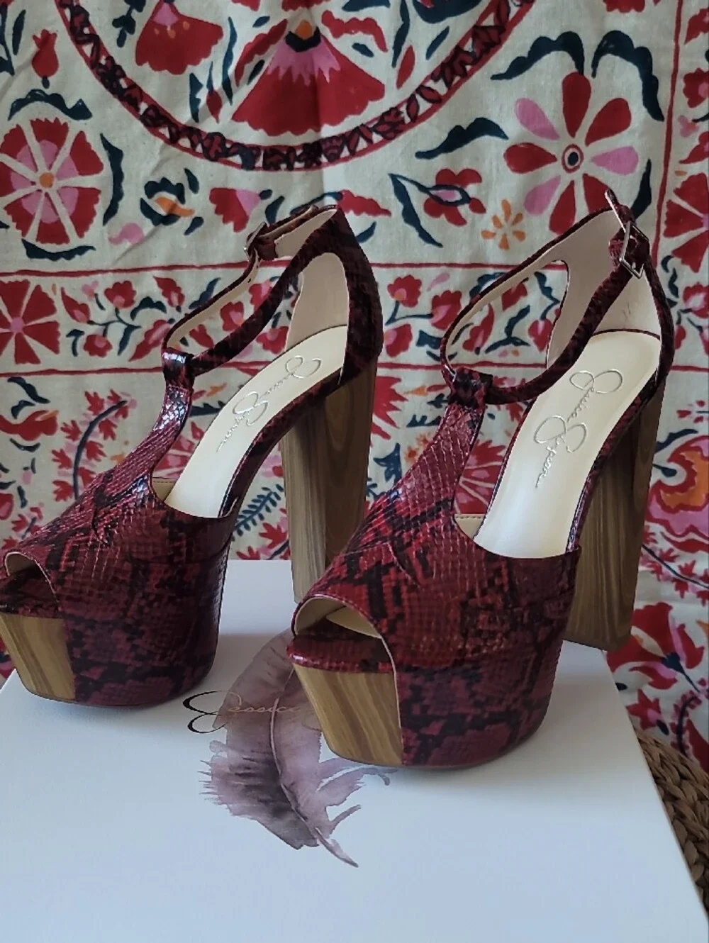Jessica Simpson Wicked Red Phoenix Snake-Print Platform Peep-Toe Platform Heels